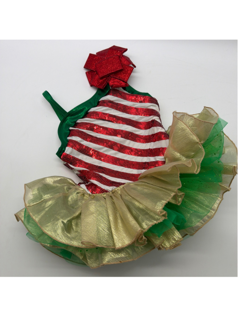 Girls Weissman Dance Costume One Size Red Green Striped Sequin Tutu size IC (7/8